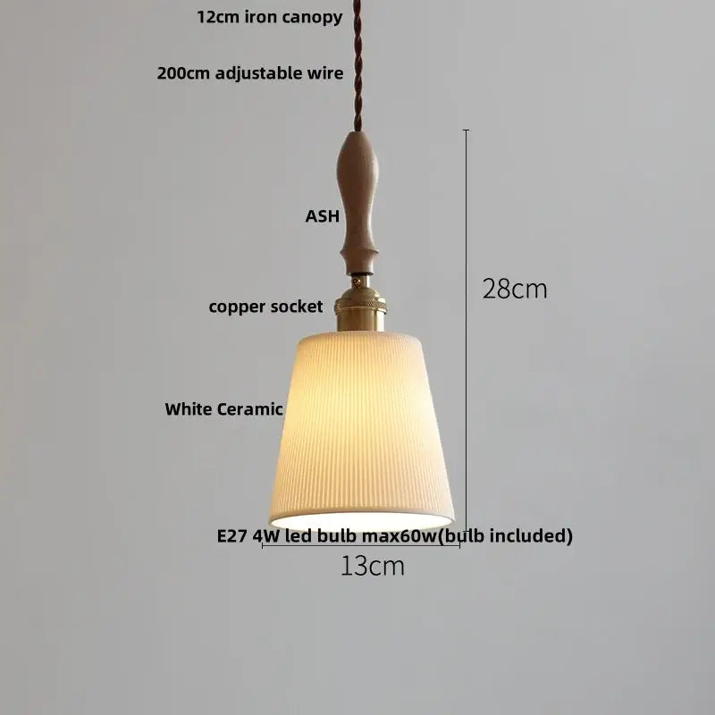 White Ceramic Ash Wood Japanese Pendant Light