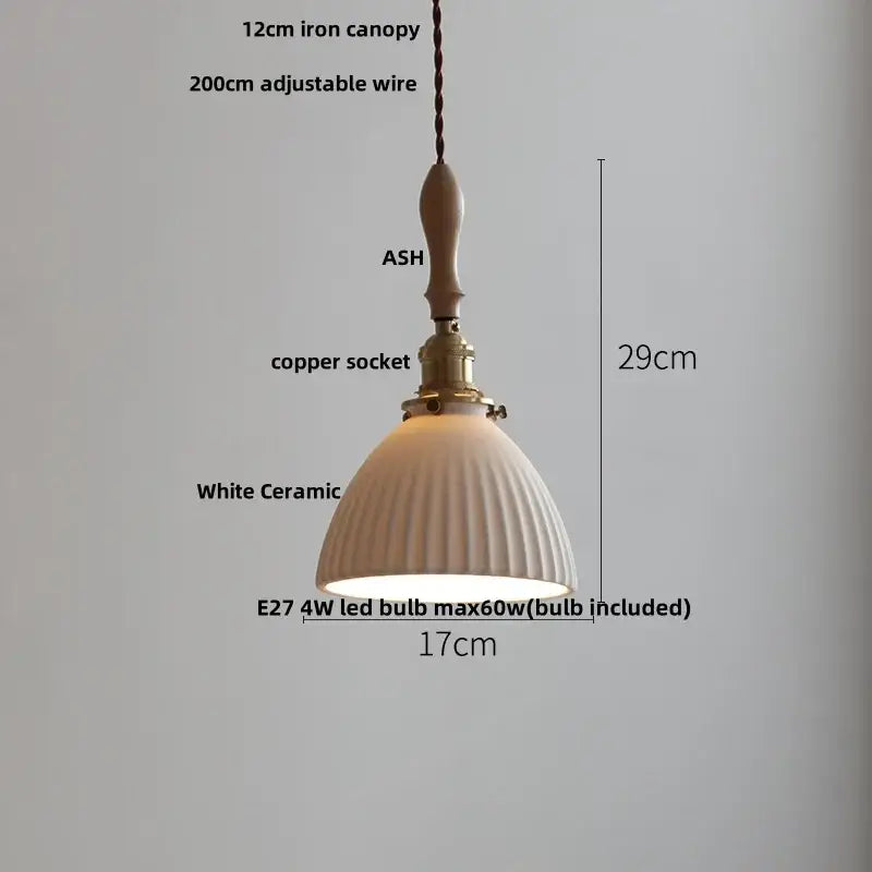 White Ceramic Ash Wood Japanese Pendant Light