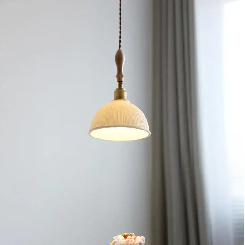 White Ceramic Ash Wood Japanese Pendant Light