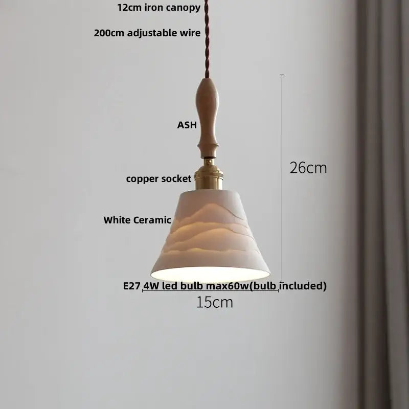 White Ceramic Ash Wood Japanese Pendant Light