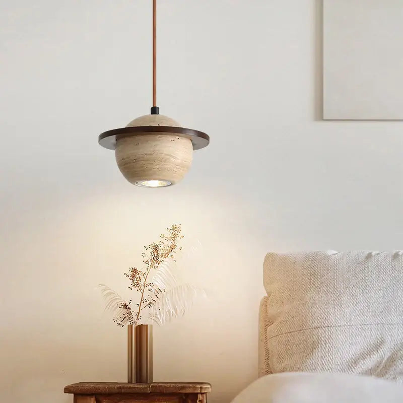 Beige Stone Wood Pendant Light