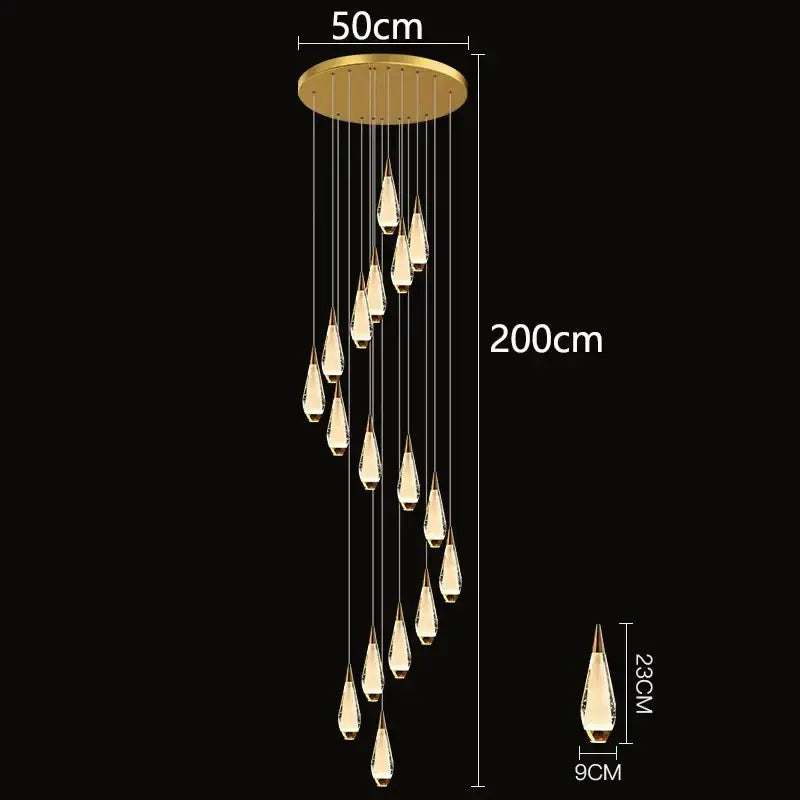 Gold Teardrop Staircase Chandelier 68-Head