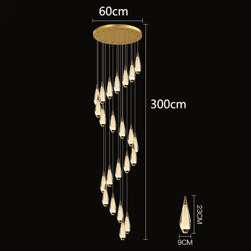Gold Teardrop Staircase Chandelier 68-Head