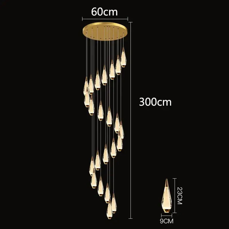 Gold Teardrop Staircase Chandelier 68-Head