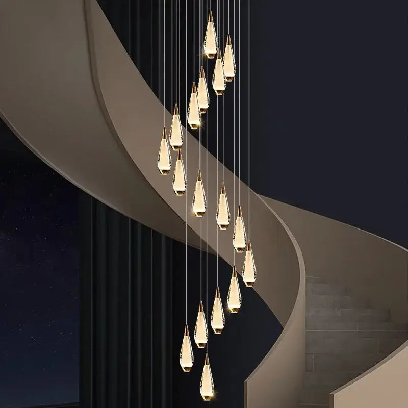 Gold Teardrop Staircase Chandelier 68-Head