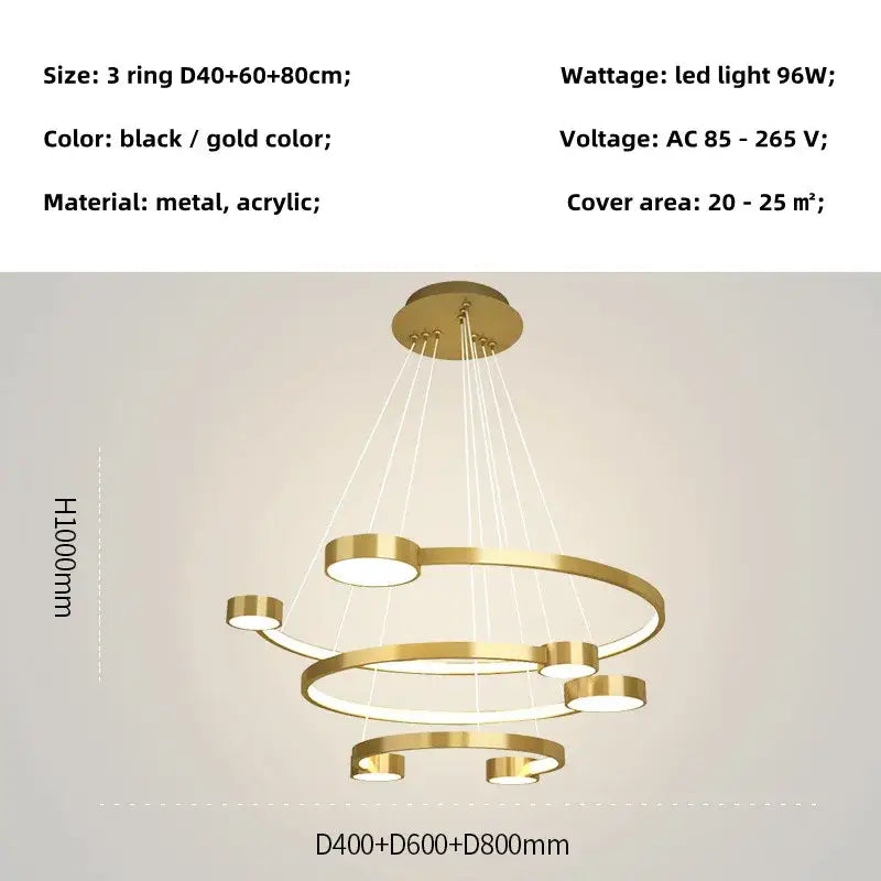 Black LED Ring Chandelier 5-Ring 100cm