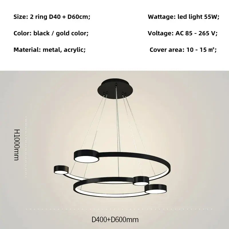 Black LED Ring Chandelier 5-Ring 100cm