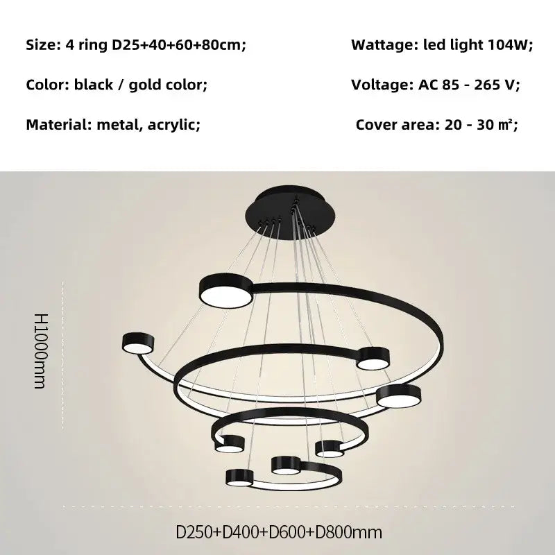 Black LED Ring Chandelier 5-Ring 100cm