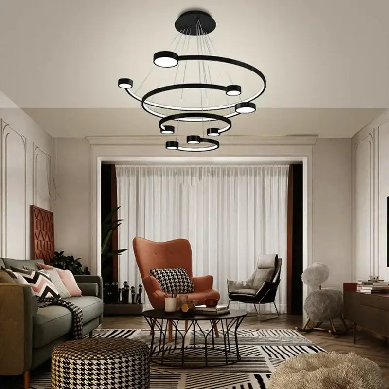 Black LED Ring Chandelier 5-Ring 100cm