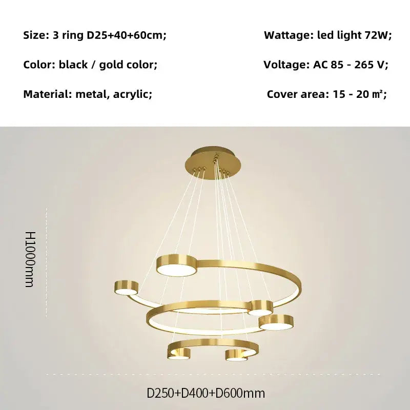 Black LED Ring Chandelier 5-Ring 100cm
