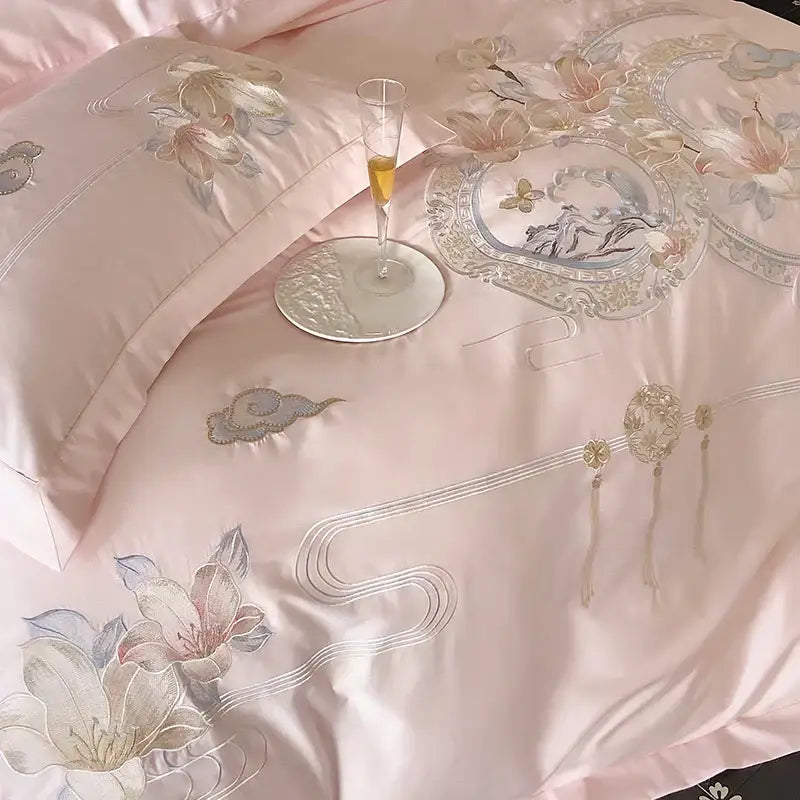 Pink Satin Floral Bedding Set