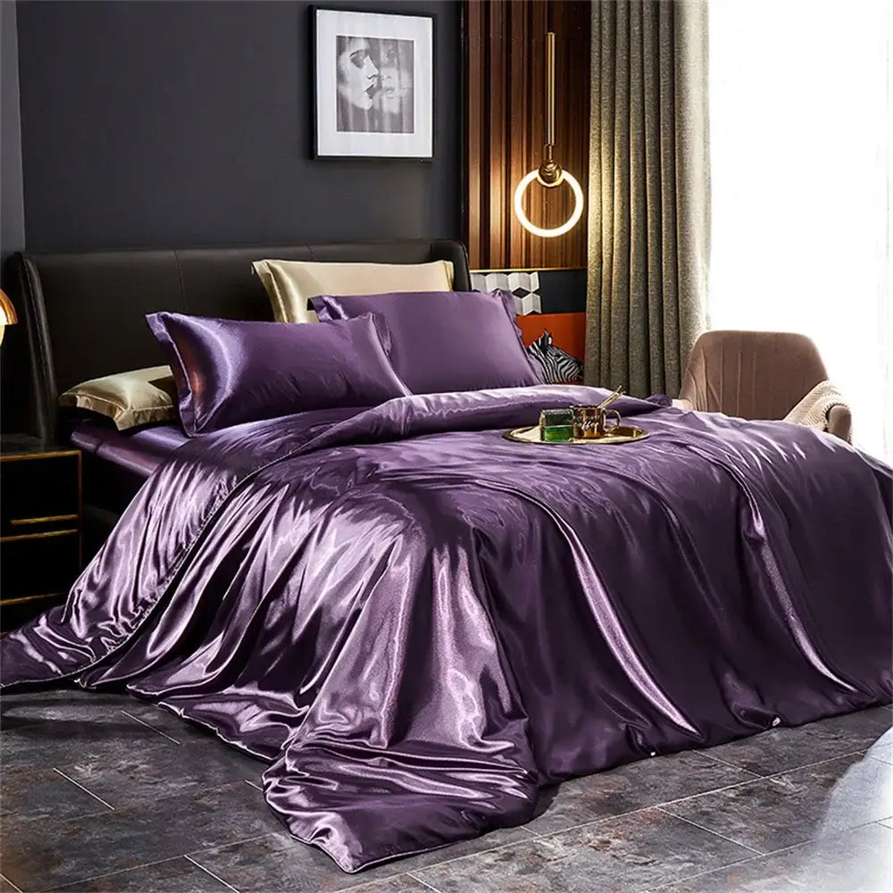 Silver Silk Bedding Set with Sheet and Pillowcase