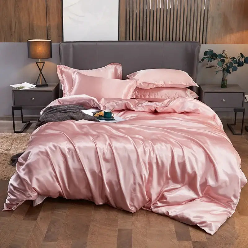 Blue Rayon Satin Bedding Set Elegant Solid Color