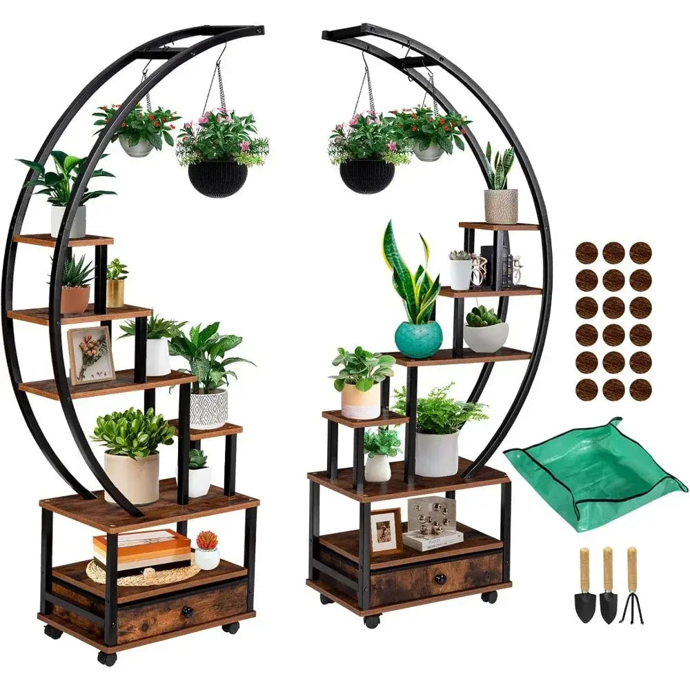 Half-Moon Wood Metal Plant Stand with Wheels