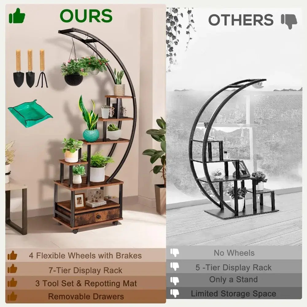 Half-Moon Wood Metal Plant Stand with Wheels