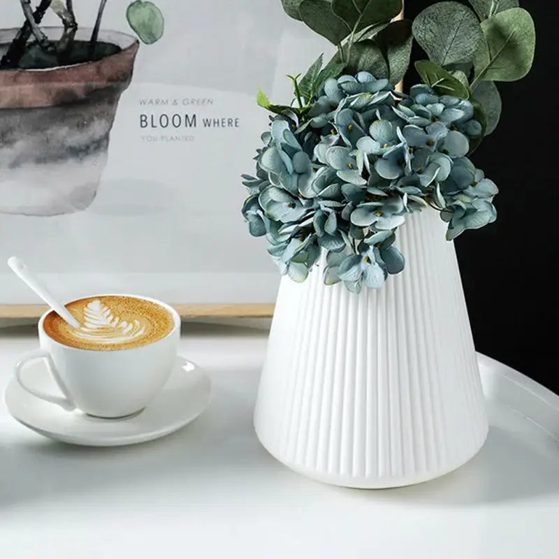 Blue Ribbed Ceramic Vase