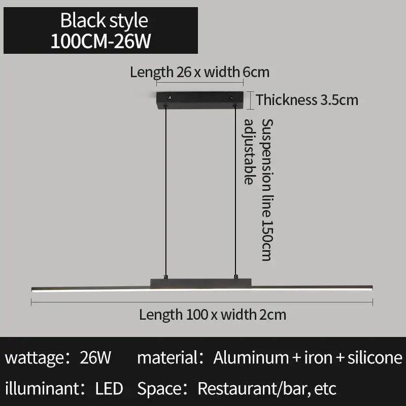 Black Linear Pendant Light 100cm for Dining