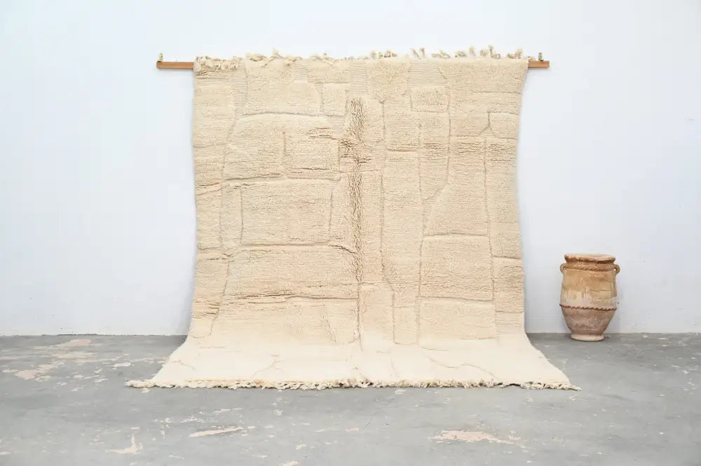 Beige Wool Moroccan Rug with Stone Pattern