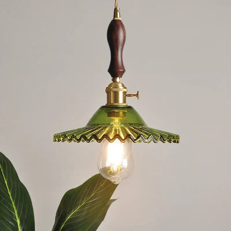 Green Ribbed Glass Brass Pendant Light