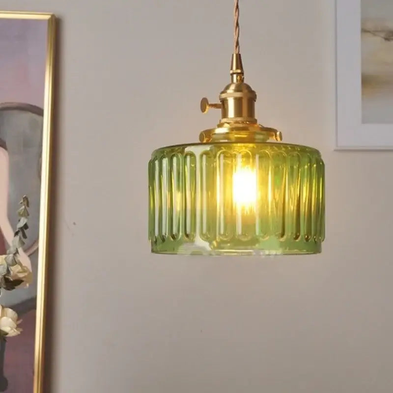 Green Ribbed Glass Brass Pendant Light
