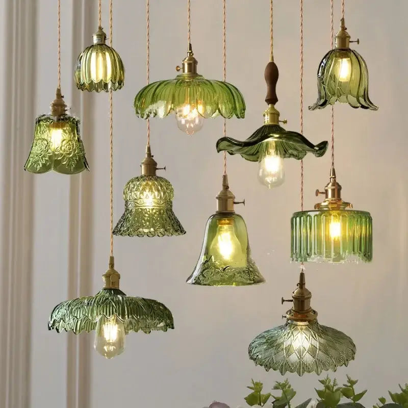 Green Ribbed Glass Brass Pendant Light