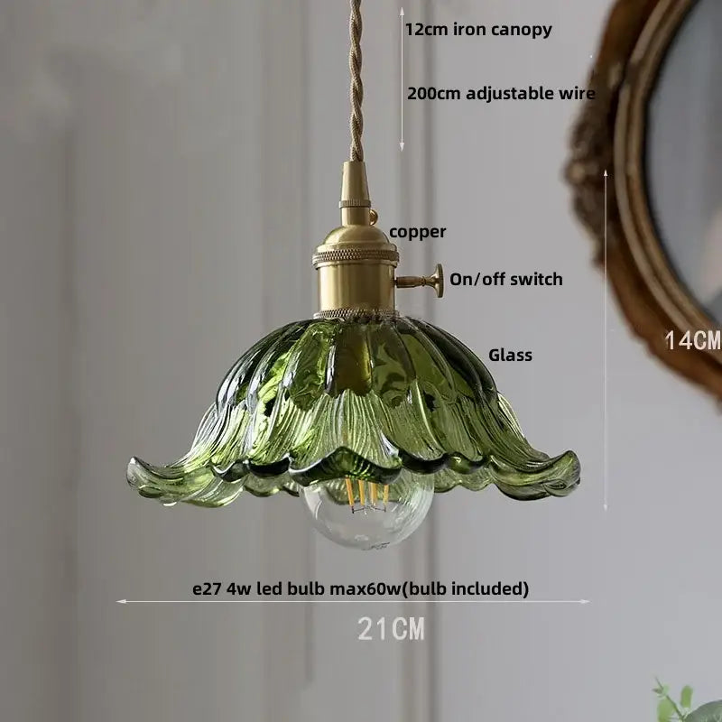 Green Ribbed Glass Brass Pendant Light