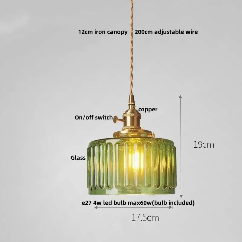 Green Ribbed Glass Brass Pendant Light