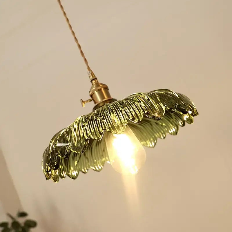 Green Ribbed Glass Brass Pendant Light