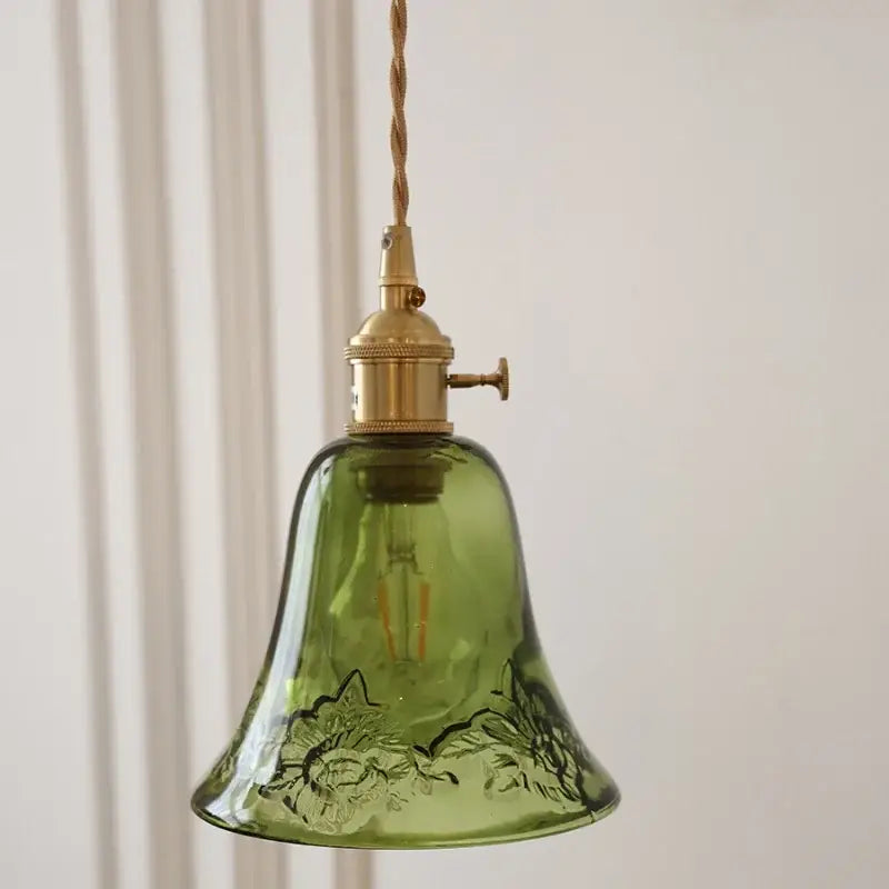 Green Ribbed Glass Brass Pendant Light