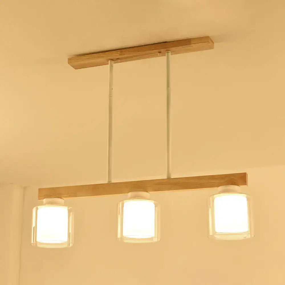 Wood Cylindrical Glass Four-Light Island Pendant