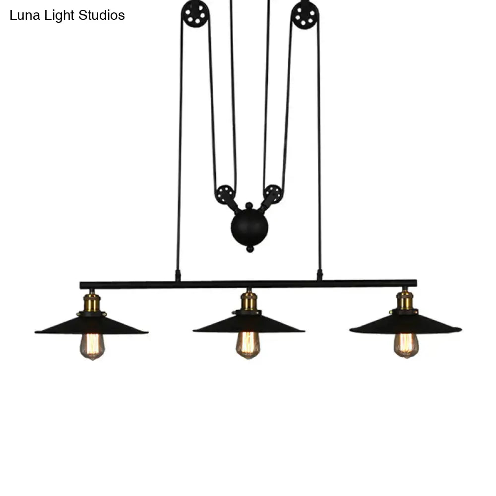 Black Pulley Pendant Light with Flared Shade