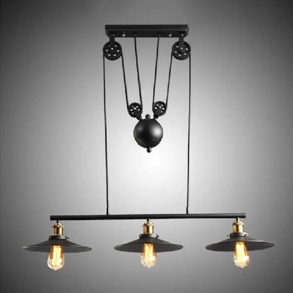 Black Pulley Pendant Light with Flared Shade