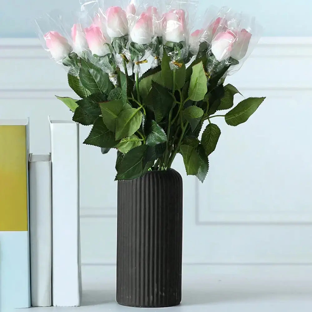 Black Striped Plastic Vase with Ceramic Finish