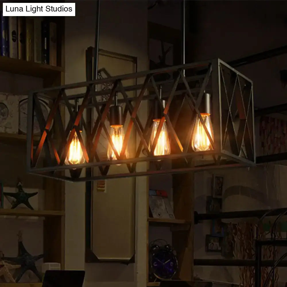 Black Wrought Iron Six-Light Rectangular Pendant