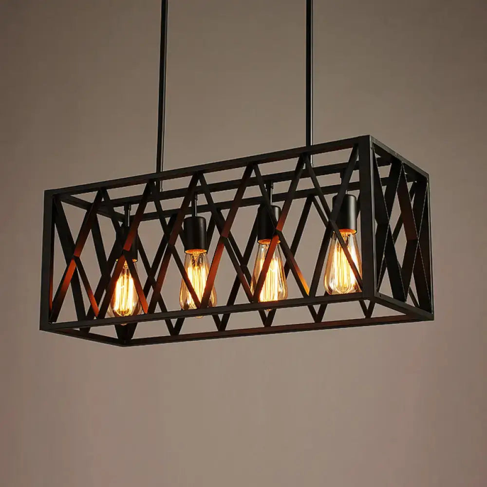 Black Wrought Iron Six-Light Rectangular Pendant