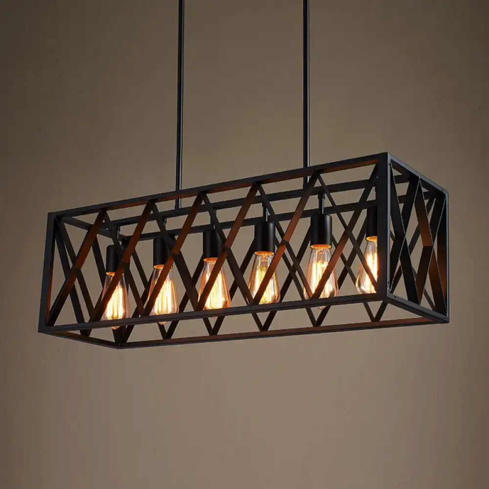 Black Wrought Iron Six-Light Rectangular Pendant