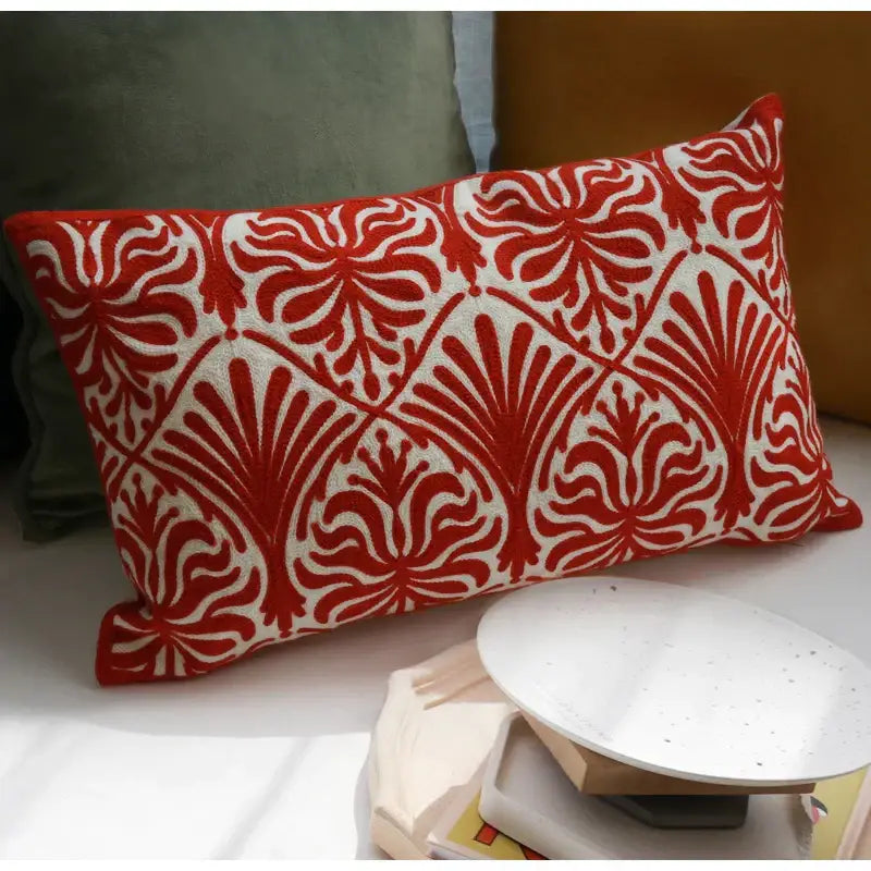 Red Embroidered Lumbar Pillow