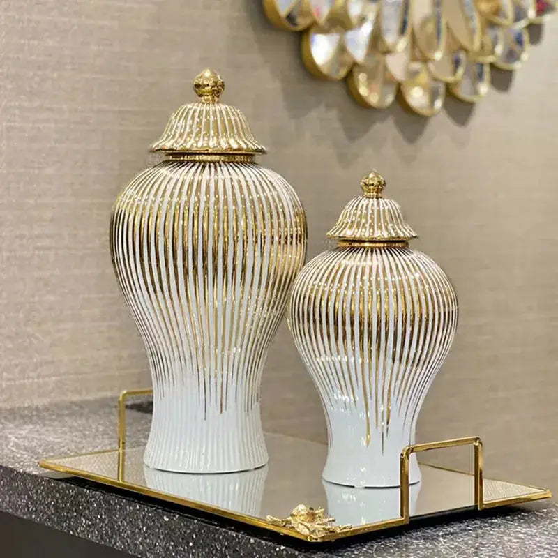 Gold Striped Ceramic Jar