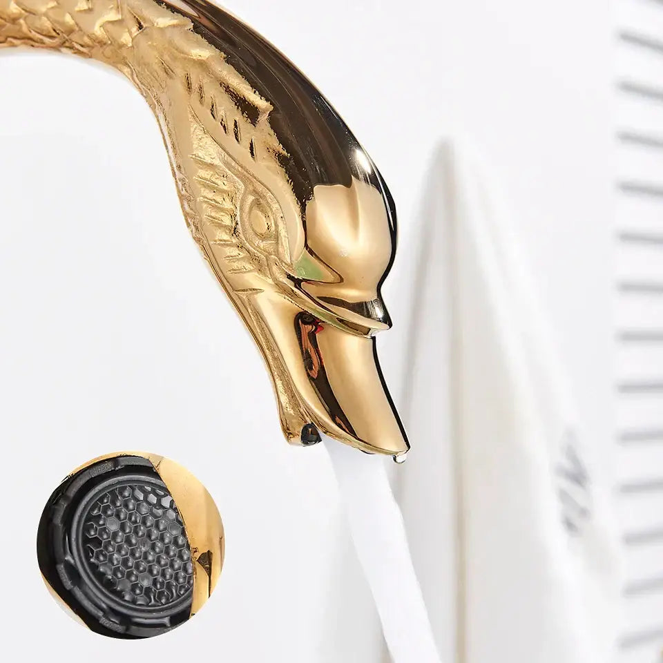 Gold Swan Basin Faucet with Crystal Knobs