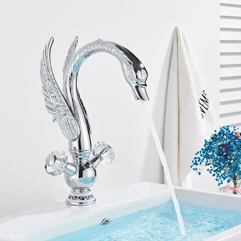 Gold Swan Basin Faucet with Crystal Knobs