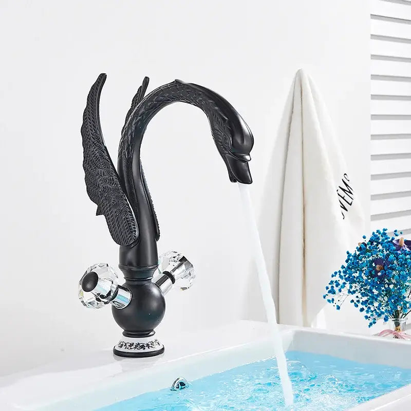 Gold Swan Basin Faucet with Crystal Knobs