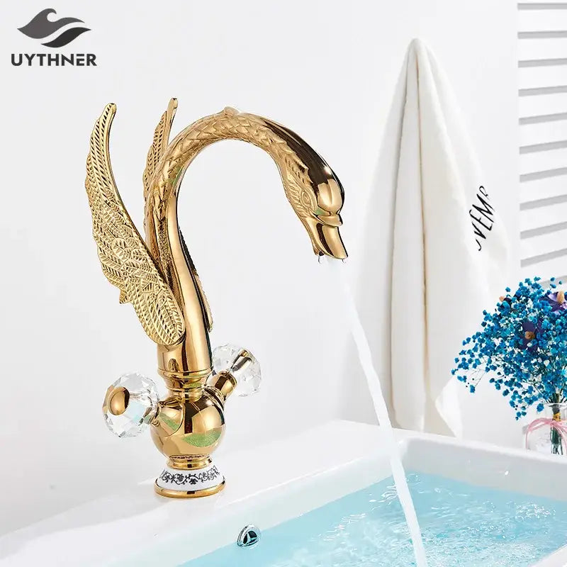 Gold Swan Basin Faucet with Crystal Knobs