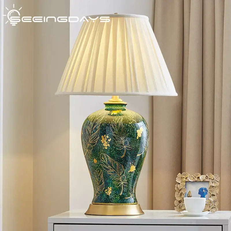 Green Ceramic Table Lamp with Gold Leaf Accents