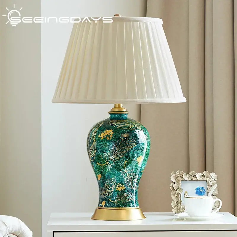 Green Ceramic Table Lamp with Gold Leaf Accents