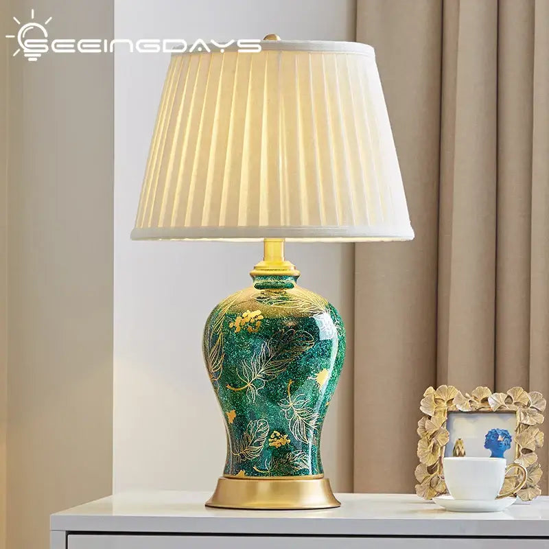 Green Ceramic Table Lamp with Gold Leaf Accents