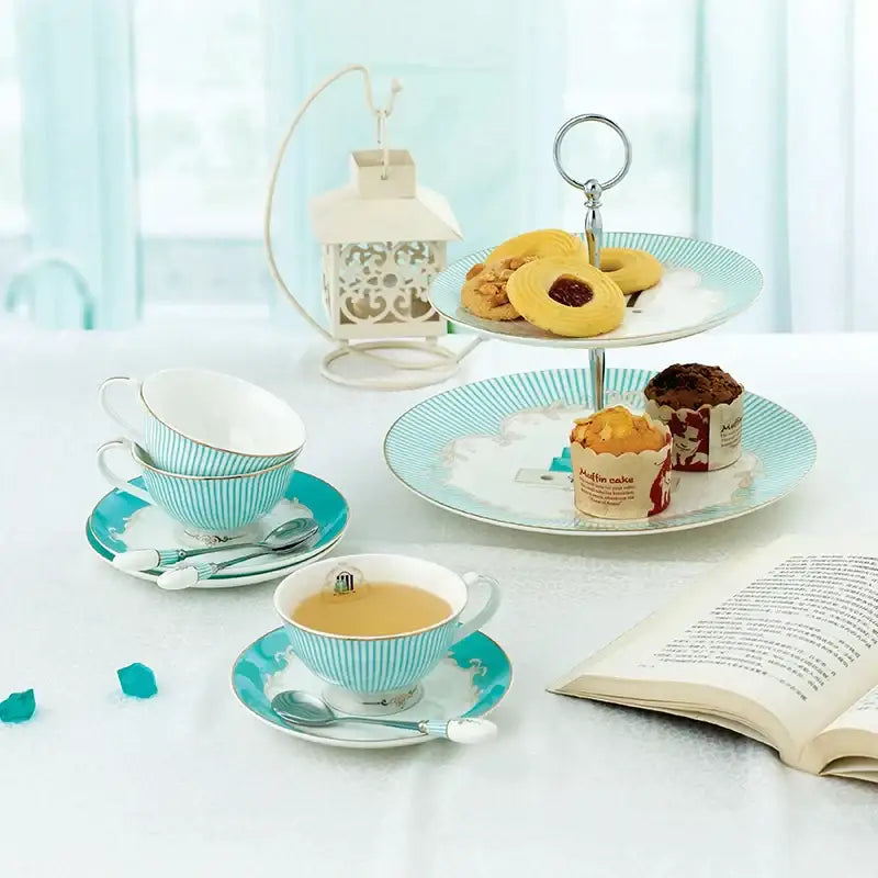 Blue Bone China Floral Tea Set with Gold Trim