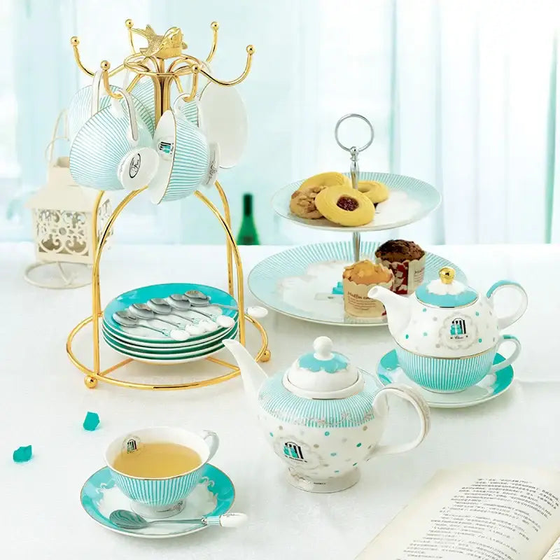 Blue Bone China Floral Tea Set with Gold Trim
