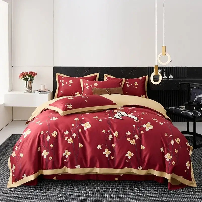 Red Cream Satin Trim Bedding