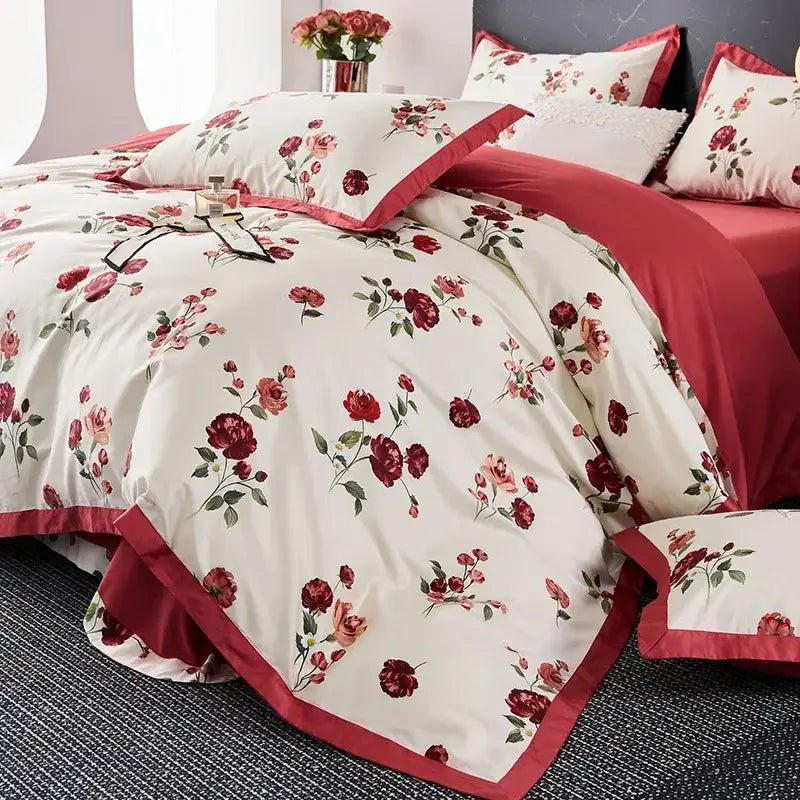 Red Cream Satin Trim Bedding