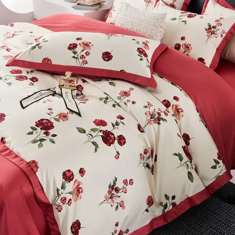 Red Cream Satin Trim Bedding